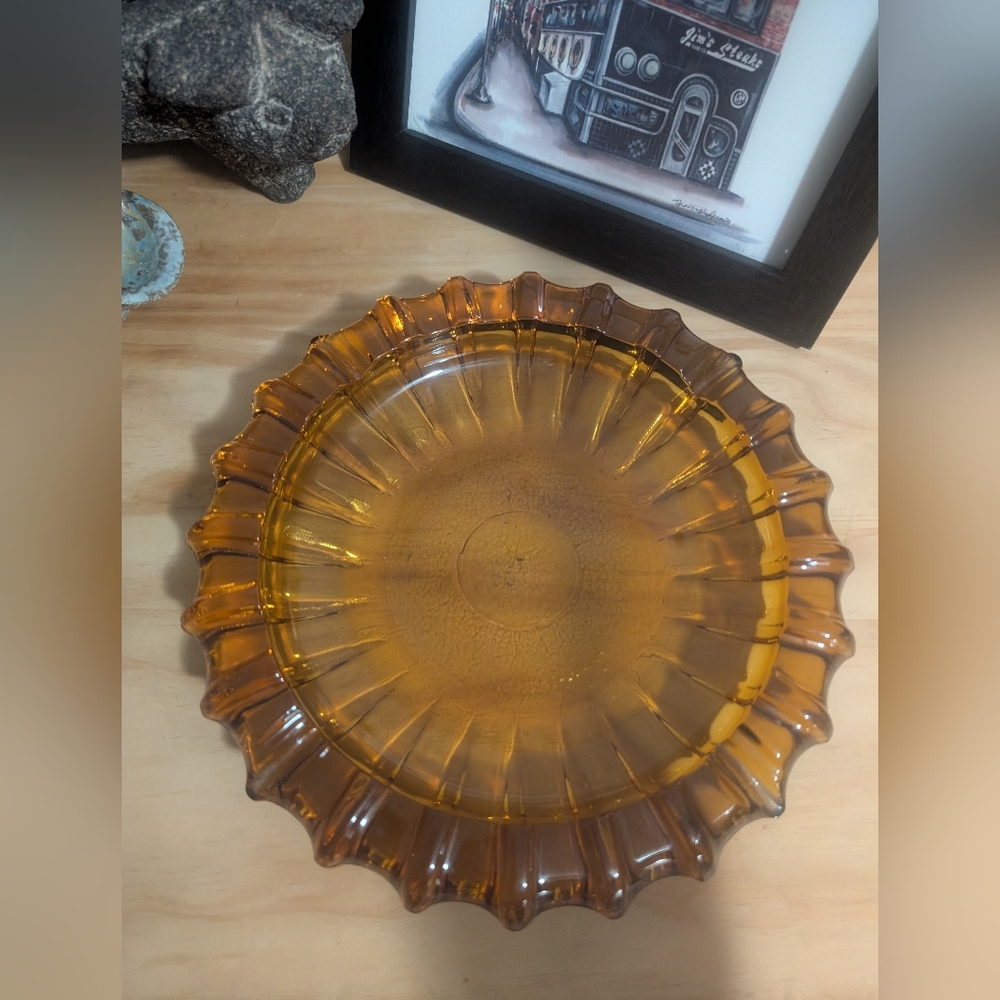 Vintage Mid Century Amber Yellow Sunburst Ribbed Ashtray  Heavy Large Glass 9.5”